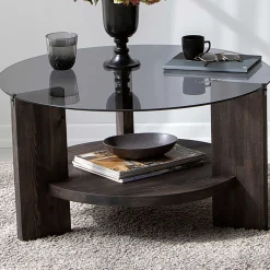 Emob Locelso Couchtisch | 100% gehärtetes Glas | Gestell aus Kiefernholz | Dunkelbraun