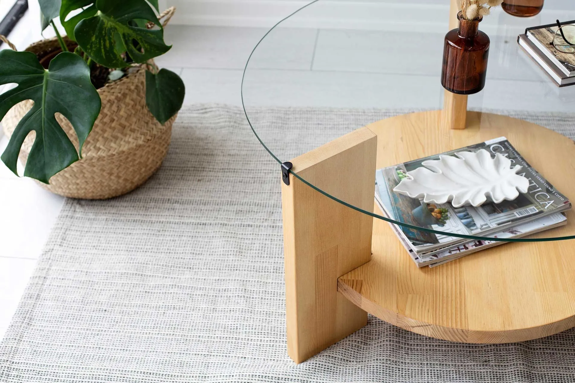 Emob Locelso Couchtisch | 100% gehärtetes Glas | Gestell aus massiver Kiefer | Farbe Eiche
