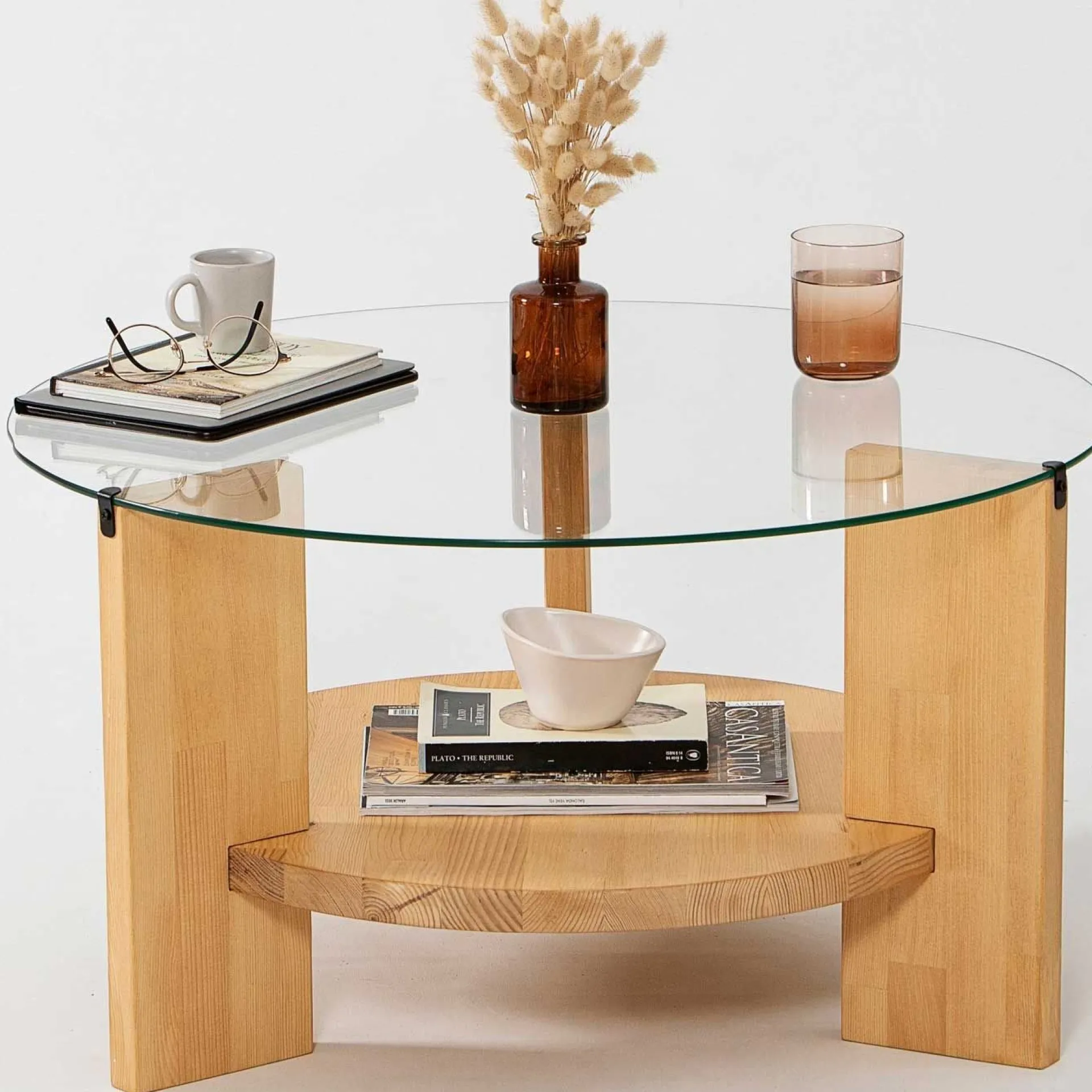 Emob Locelso Couchtisch | 100% gehärtetes Glas | Gestell aus massiver Kiefer | Farbe Eiche