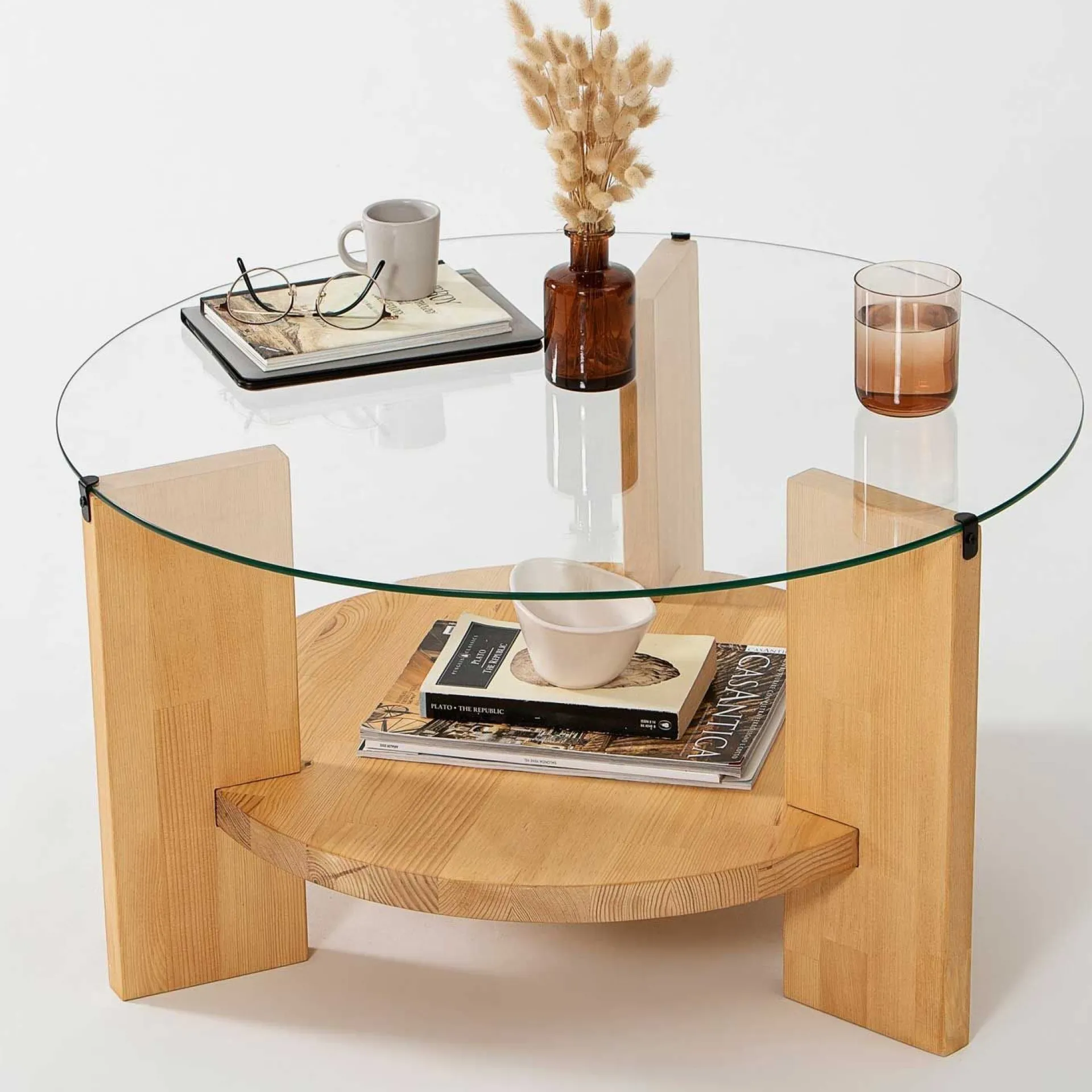 Emob Locelso Couchtisch | 100% gehärtetes Glas | Gestell aus massiver Kiefer | Farbe Eiche