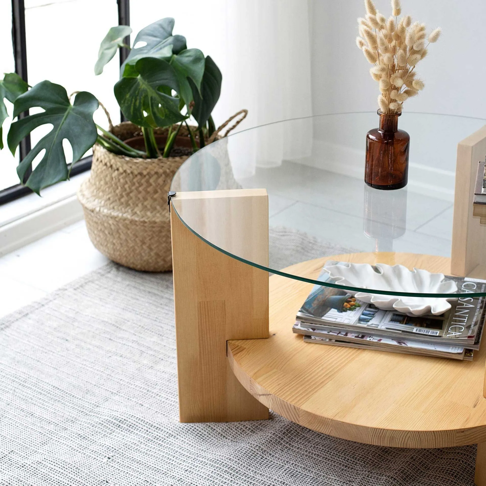 Emob Locelso Couchtisch | 100% gehärtetes Glas | Gestell aus massiver Kiefer | Farbe Eiche