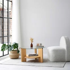 Emob Locelso Couchtisch | 100% gehärtetes Glas | Gestell aus massiver Kiefer | Farbe Eiche