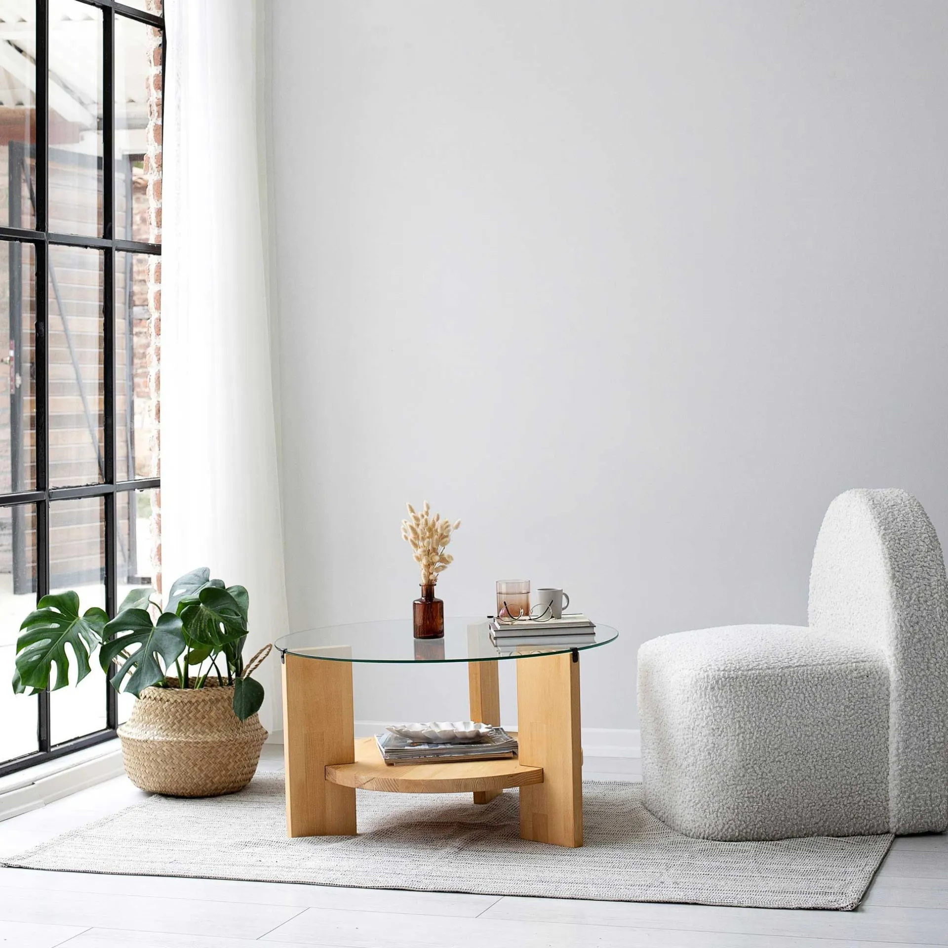 Emob Locelso Couchtisch | 100% gehärtetes Glas | Gestell aus massiver Kiefer | Farbe Eiche