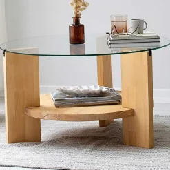 Emob Locelso Couchtisch | 100% gehärtetes Glas | Gestell aus massiver Kiefer | Farbe Eiche