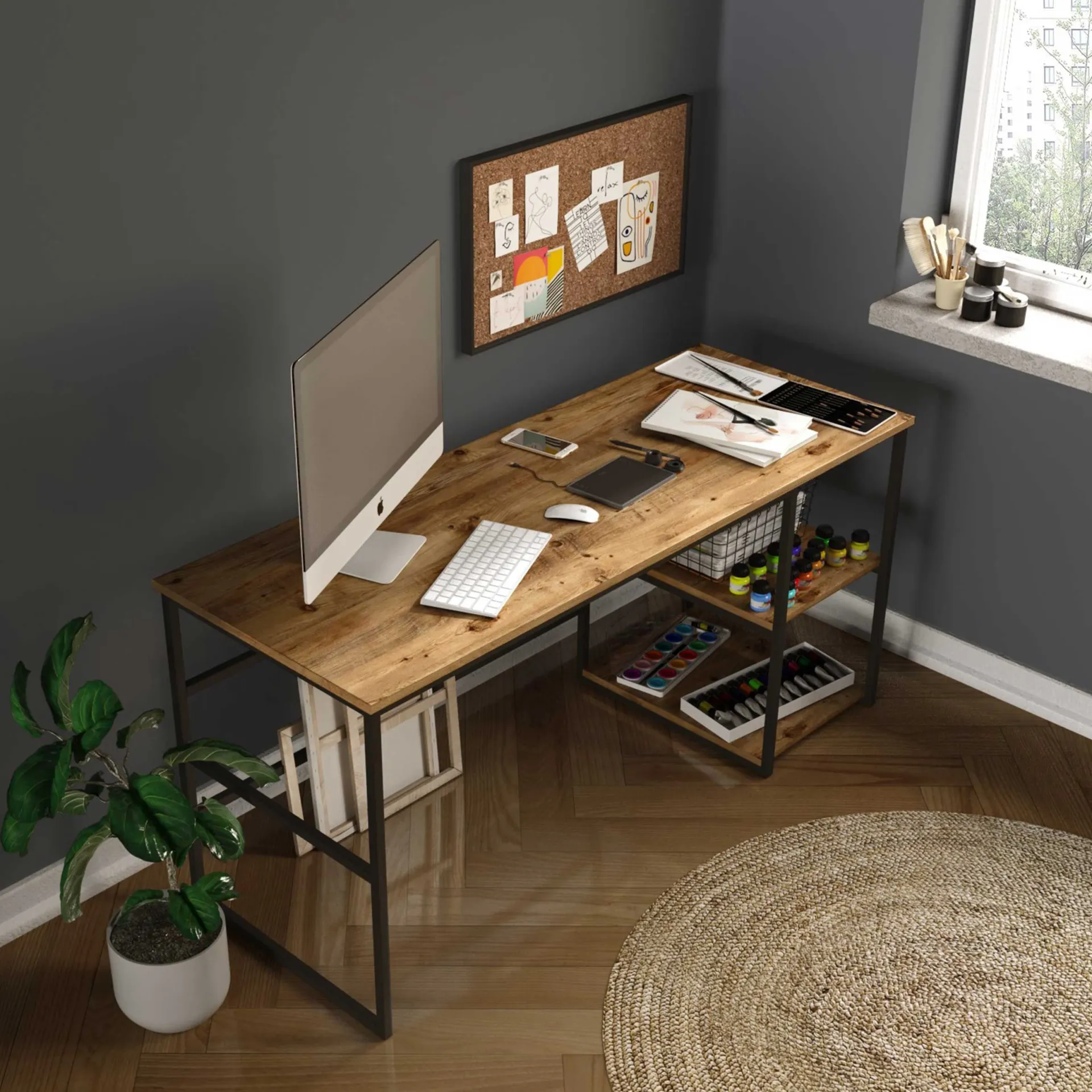 Emob Locelso Schreibtisch | 100% Melamin | 18mm Stärke | Metallgestell | Atlantische Kiefer