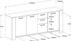 London Kommode-220cm-3 Flügeltüren, 3 Schubladen, 2 Einlegeböden - Eiche/dunkelgrau