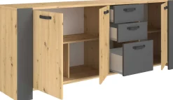London Kommode-220cm-3 Flügeltüren, 3 Schubladen, 2 Einlegeböden - Eiche/dunkelgrau