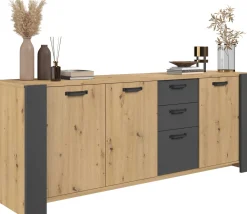 London Kommode-220cm-3 Flügeltüren, 3 Schubladen, 2 Einlegeböden - Eiche/dunkelgrau