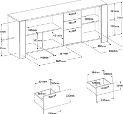 London Kommode-220cm-3 Flügeltüren, 3 Schubladen, 2 Einlegeböden - Eiche/dunkelgrau