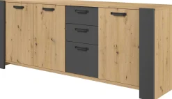 London Kommode-220cm-3 Flügeltüren, 3 Schubladen, 2 Einlegeböden - Eiche/dunkelgrau