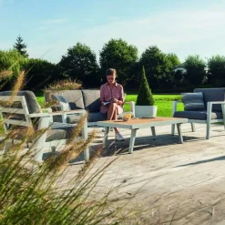 Gescova Lounge-Set Guadeloupe - Aluminium Weiß, Teakholz - 150x70x83 cm - Grau