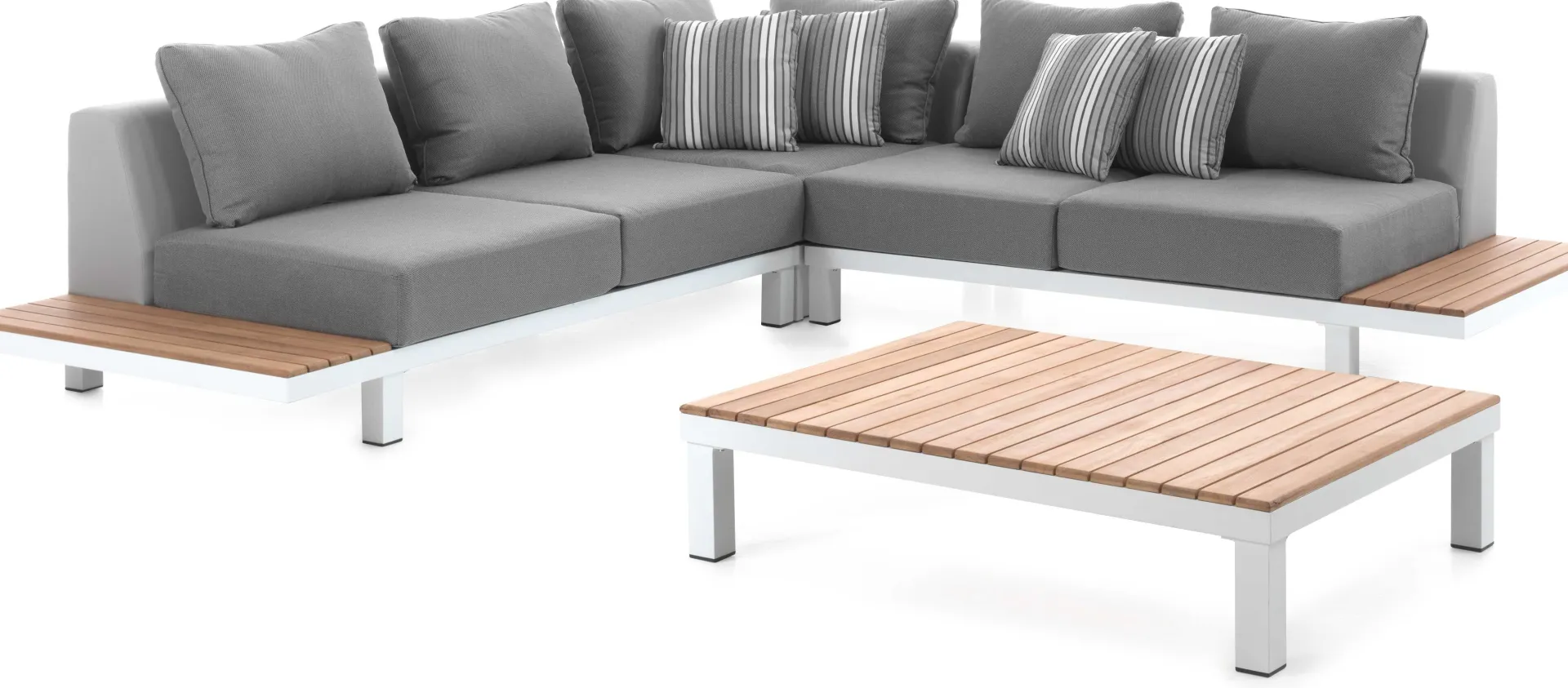 Gescova Lounge-Set Hawaii Zweisitziges Sofa Eckelement Couchtisch - Aluminium Teakholz - Grau Weiß