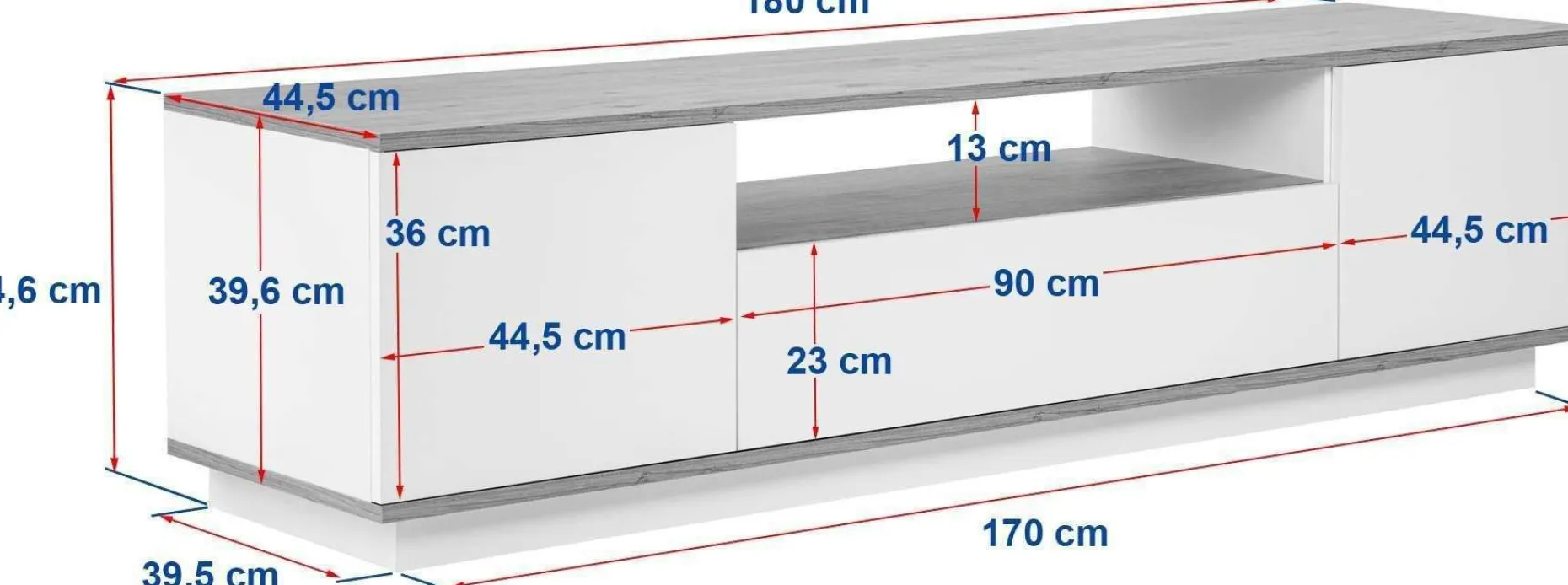 Lowboard Veramont - 100% MELAMINE - Weiß - 180 x 44,6 x 44,5 cm
