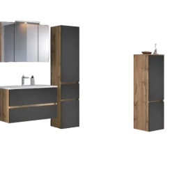 Held LunaBadezimmer : Spiegelschrank, Waschbeckenschrank, 2x Säulenschrank - Anthrazit/Eiche