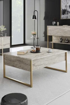Emob Luxe Couchtisch | 100 % MELAMIN | Travertin, Gold
