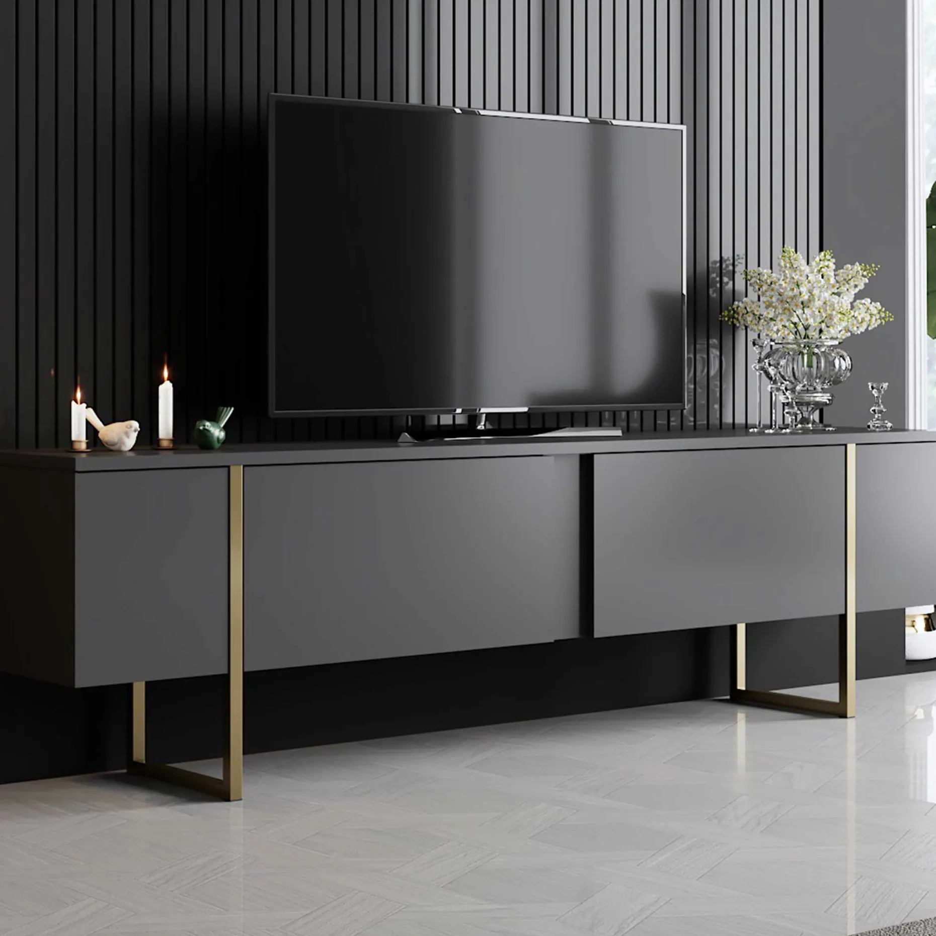 Luxe T TV-Ständer | 100 % MELAMIN | Anthrazit, Gold