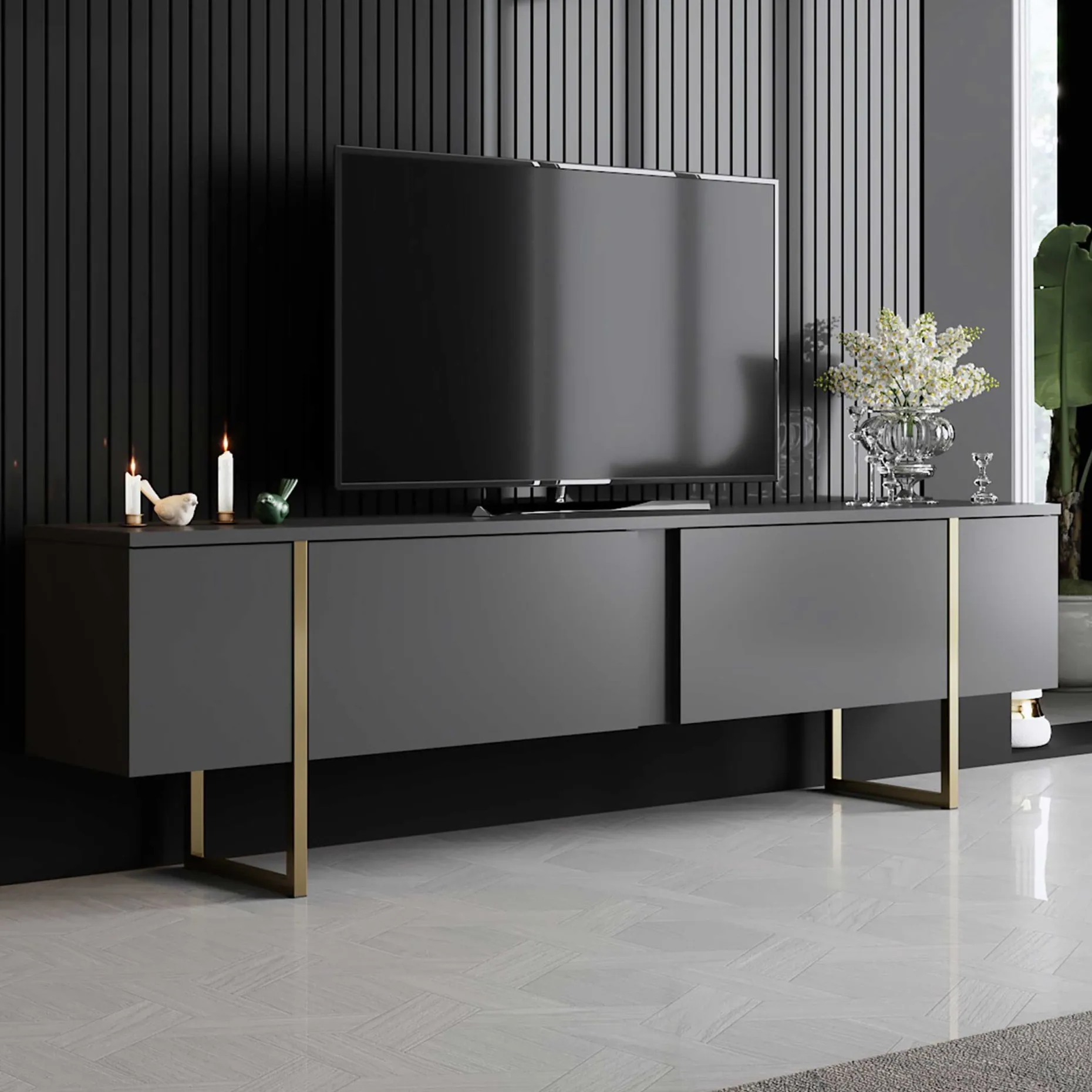 Luxe T TV-Ständer | 100 % MELAMIN | Anthrazit, Gold