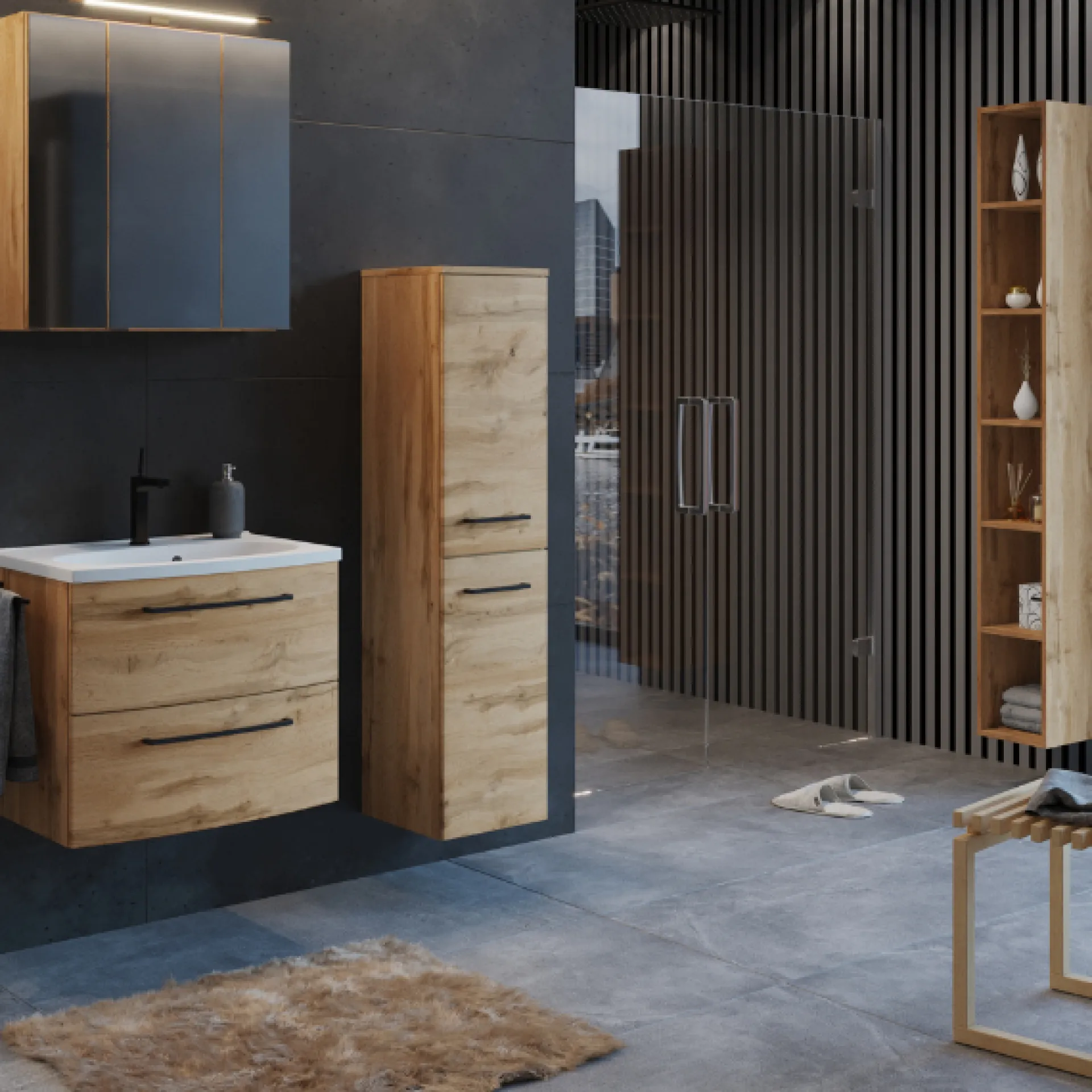 Held MalvoBadezimmer : Spiegelschrank, Waschtischschrank, Säulenschrank, Regal - Eiche