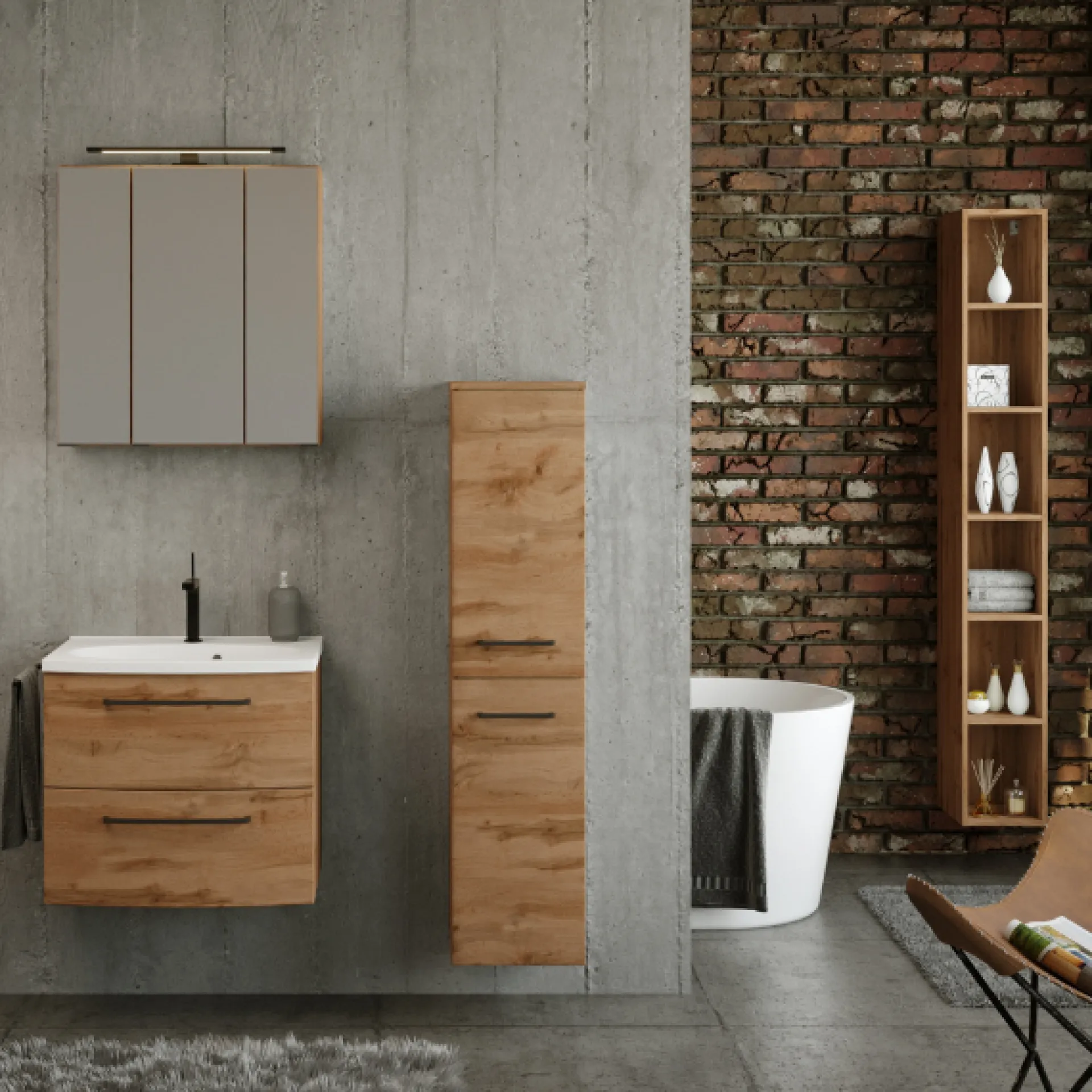 Held MalvoBadezimmer : Spiegelschrank, Waschtischschrank, Säulenschrank, Regal - Eiche