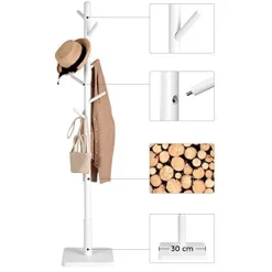 Massivholz Kleiderständer - 8 Haken für Mäntel, Hüte, Taschen - Eingang, Flur - Weiß