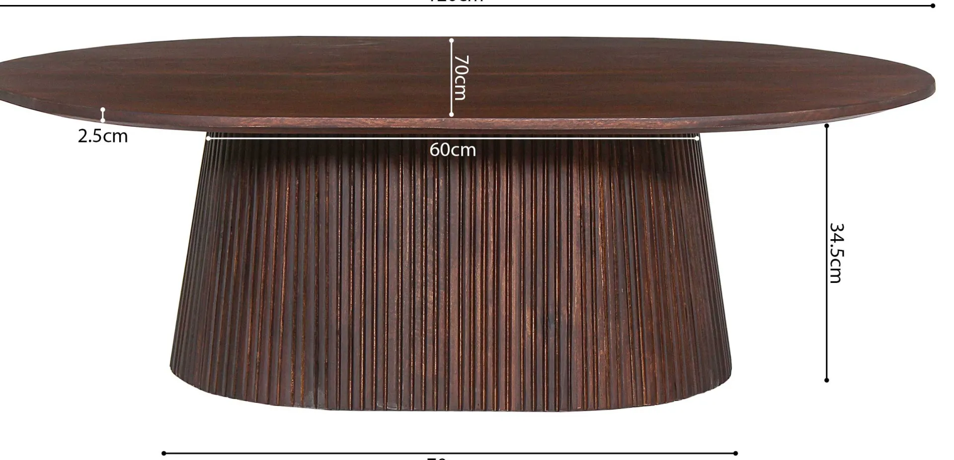 Rousseau Miguel" Ovaler Couchtisch 120 cm Dunkel | Massivholzstruktur und Platte Mango | H-H 37 x B-L 120 x T-P 70 cm
