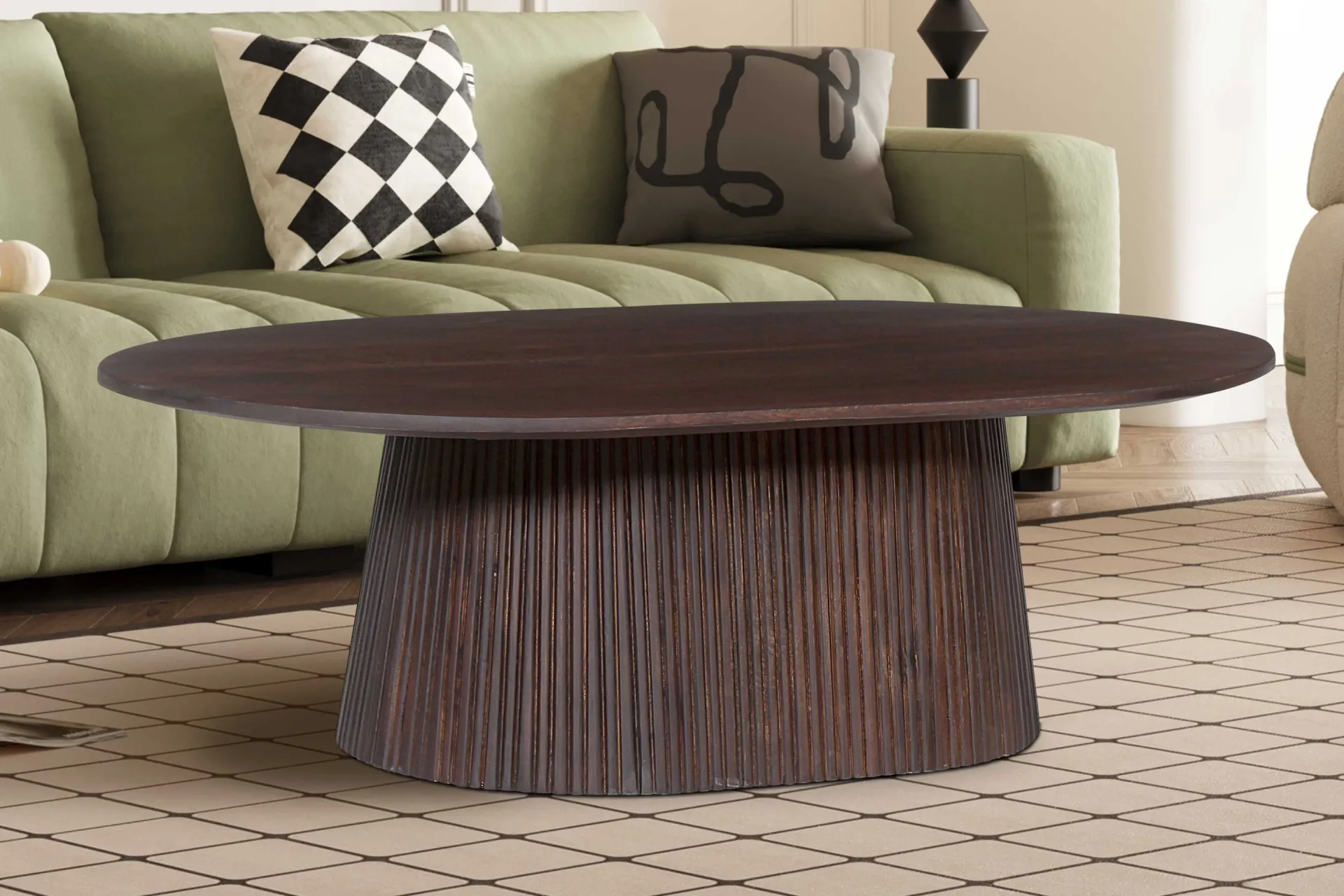 Rousseau Miguel" Ovaler Couchtisch 120 cm Dunkel | Massivholzstruktur und Platte Mango | H-H 37 x B-L 120 x T-P 70 cm