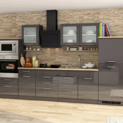 Held Milan E-Zeile 330 Küchenzeile mit Mikrowelle/Induktion - Hochglanz /Graphit/Eiche Sonoma
