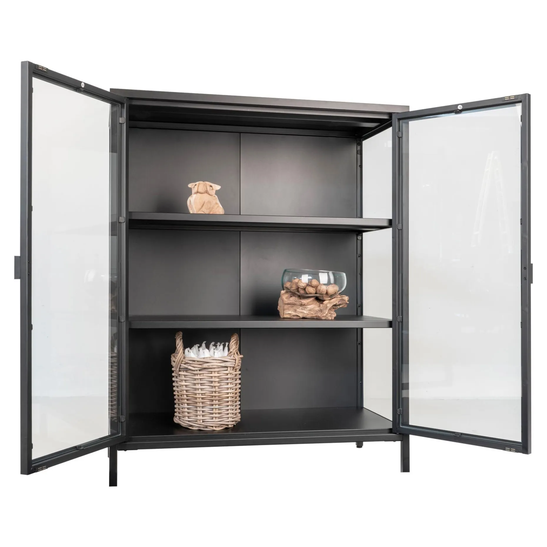 Moderner schwarzer Vitrinenschrank mit Glastüren