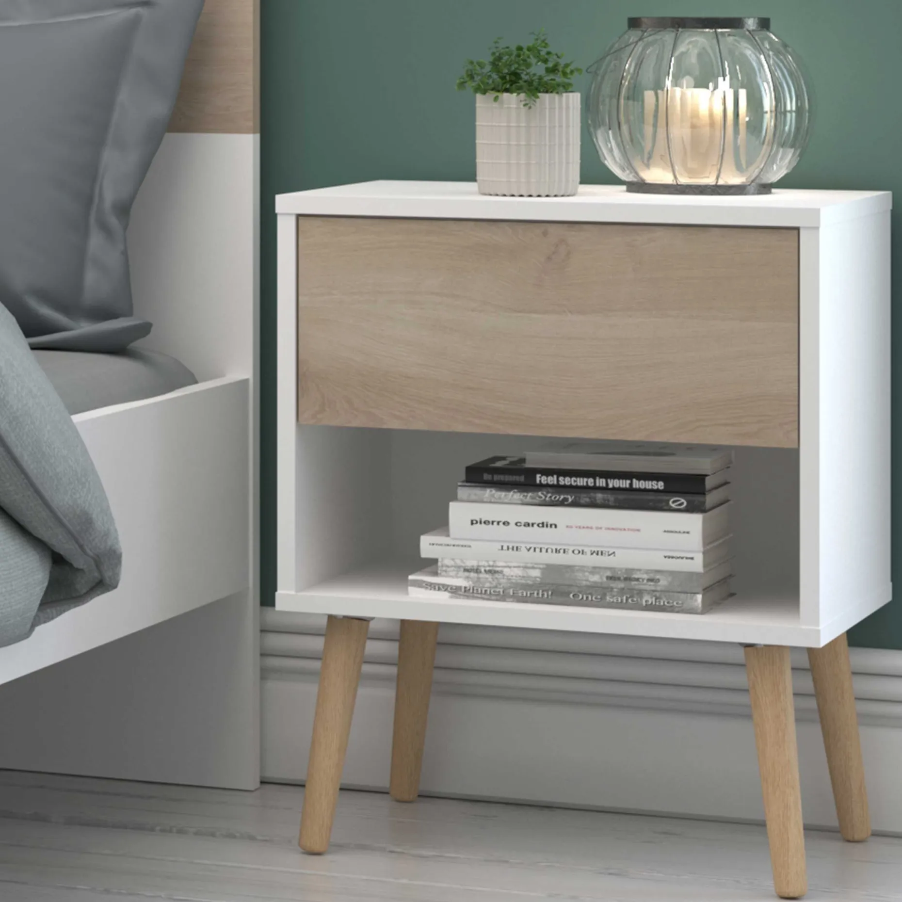 Nachttisch Hardy 44cm 1 Schublade - Molke/Eiche