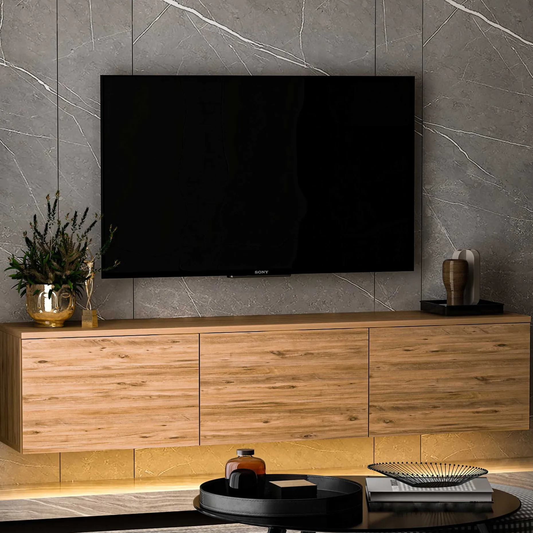 Neon Illuminated TV-Ständer | 100 % MELAMIN | Atlantische Kiefer