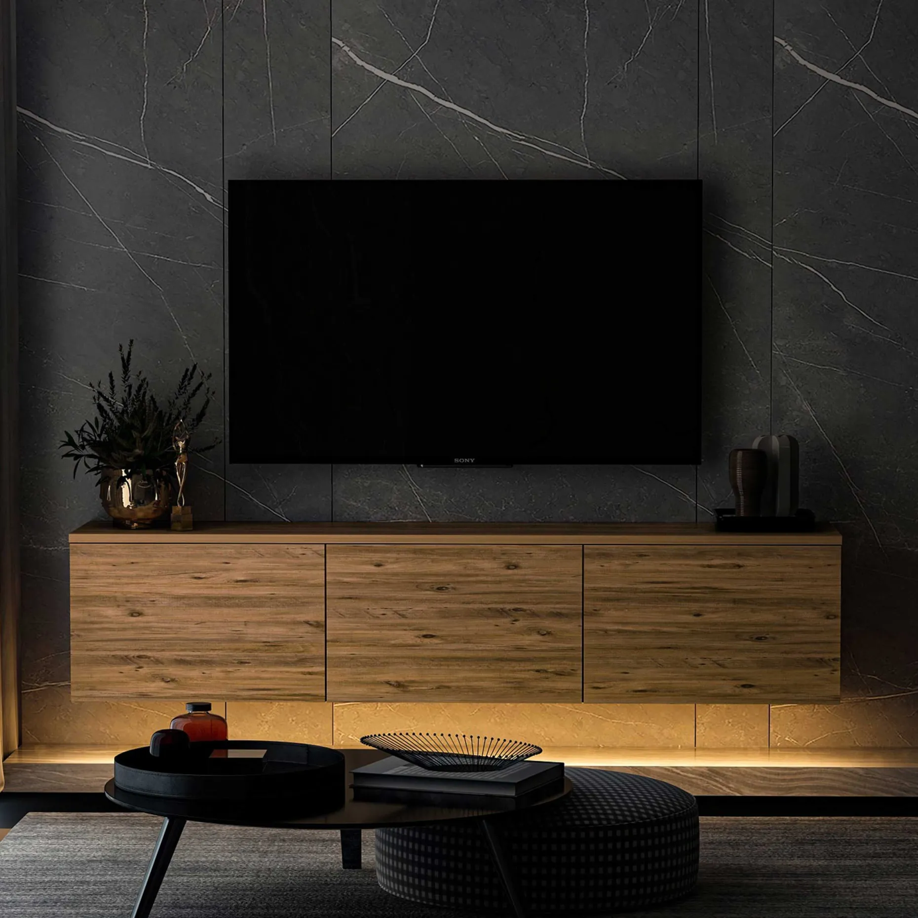 Neon Illuminated TV-Ständer | 100 % MELAMIN | Atlantische Kiefer