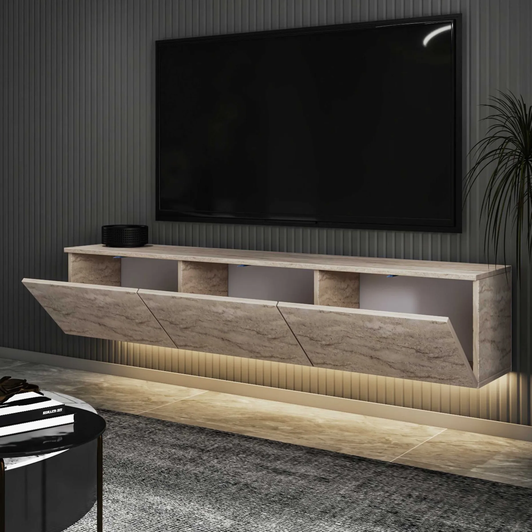 Neon Illuminated TV-Ständer | 100 % MELAMIN | Travertin