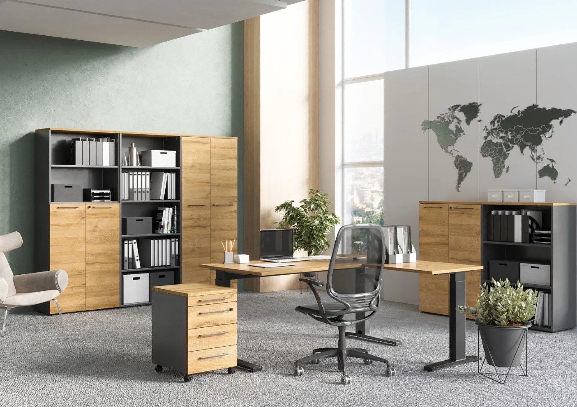Niedriger Aktenschrank Osmond 80cm mit 2 Türen - Eiche/Graphit