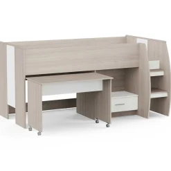 Noni Halbhochbett - 90x200 - mit Schreibtisch und Stauraum - Eiche/Weiß