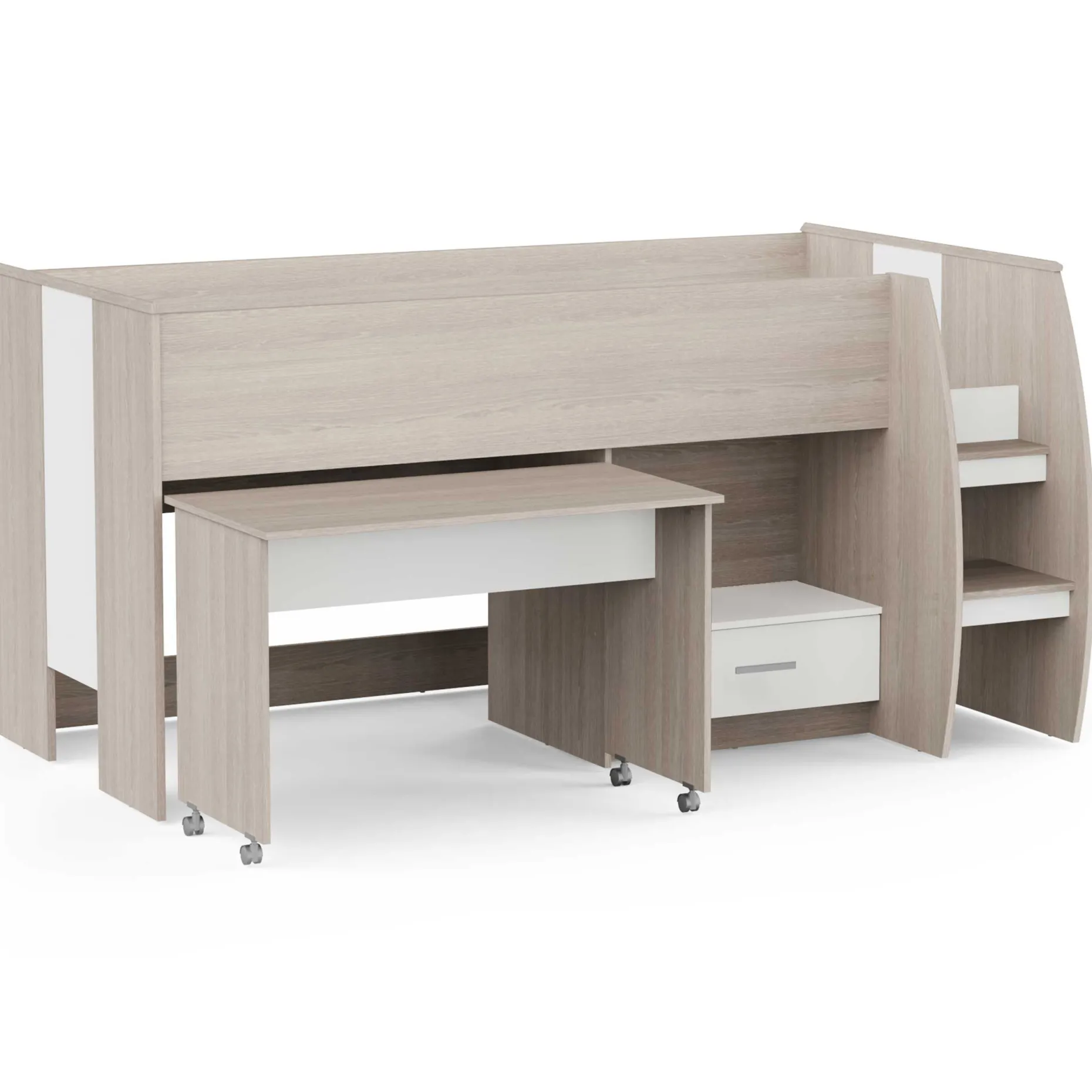Noni Halbhochbett - 90x200 - mit Schreibtisch und Stauraum - Eiche/Weiß