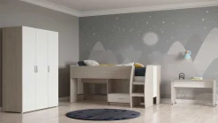 Noni Halbhochbett - 90x200 - mit Schreibtisch und Stauraum - Eiche/Weiß