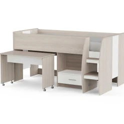 Noni Halbhochbett - 90x200 - mit Schreibtisch und Stauraum - Eiche/Weiß