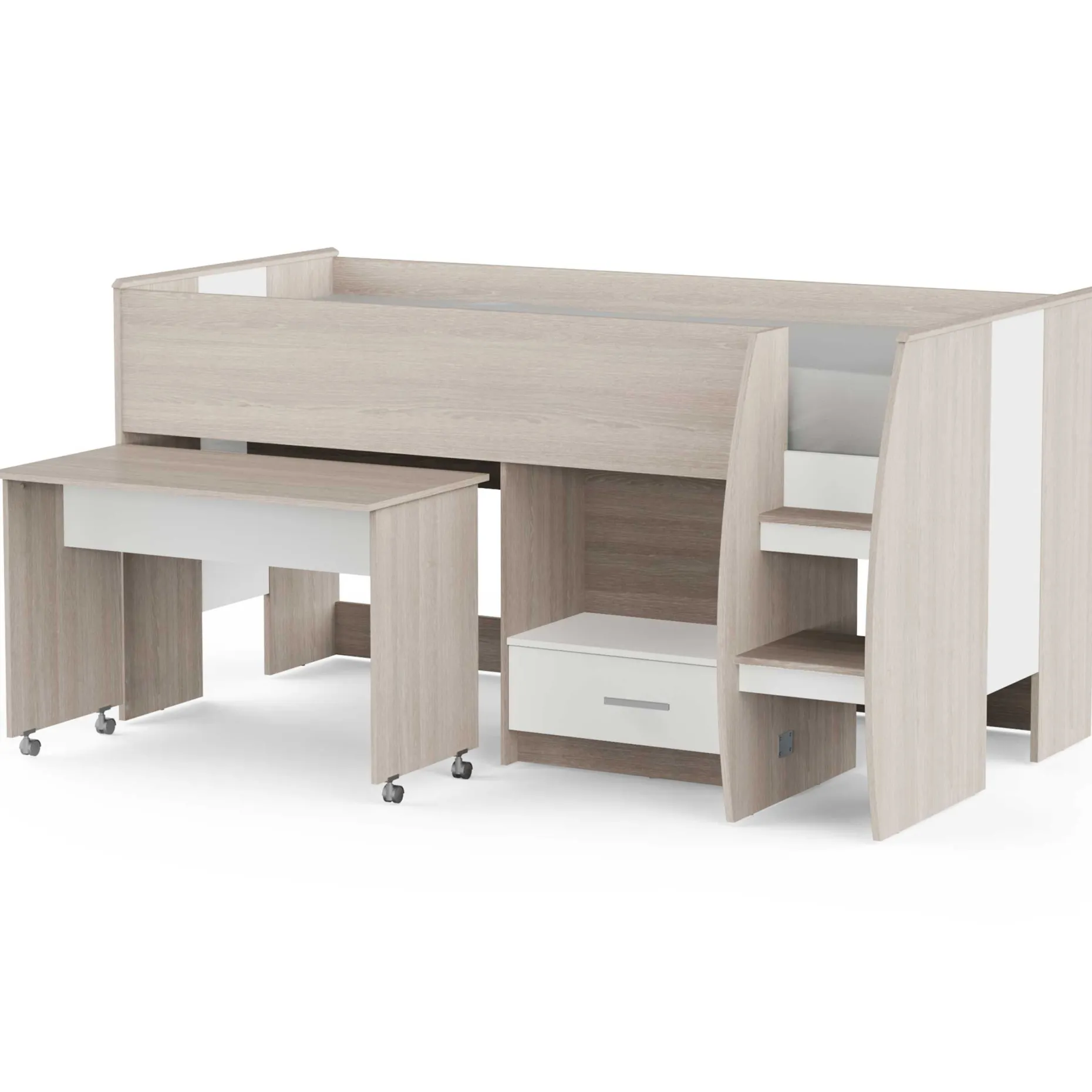 Noni Halbhochbett - 90x200 - mit Schreibtisch und Stauraum - Eiche/Weiß