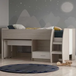 Noni Halbhochbett - 90x200 - mit Schreibtisch und Stauraum - Eiche/Weiß