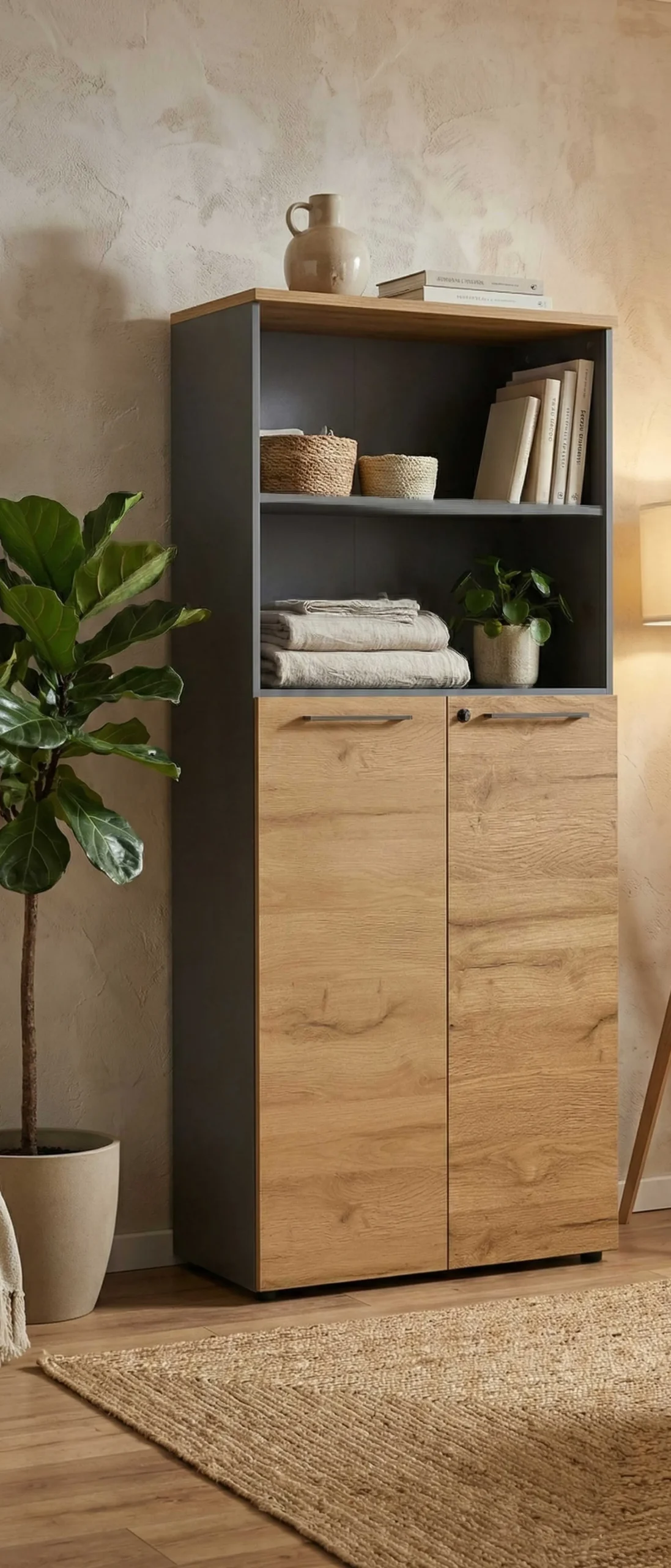 Osmond 80cm Aktenschrank mit 2 Türen und 2 offenen Fächern - Eiche/Graphit