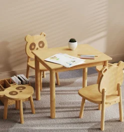 Kinder Emob Exclusive PandaKindertischset : Tisch, zwei Stühle, zwei Hocker - Bambusholz