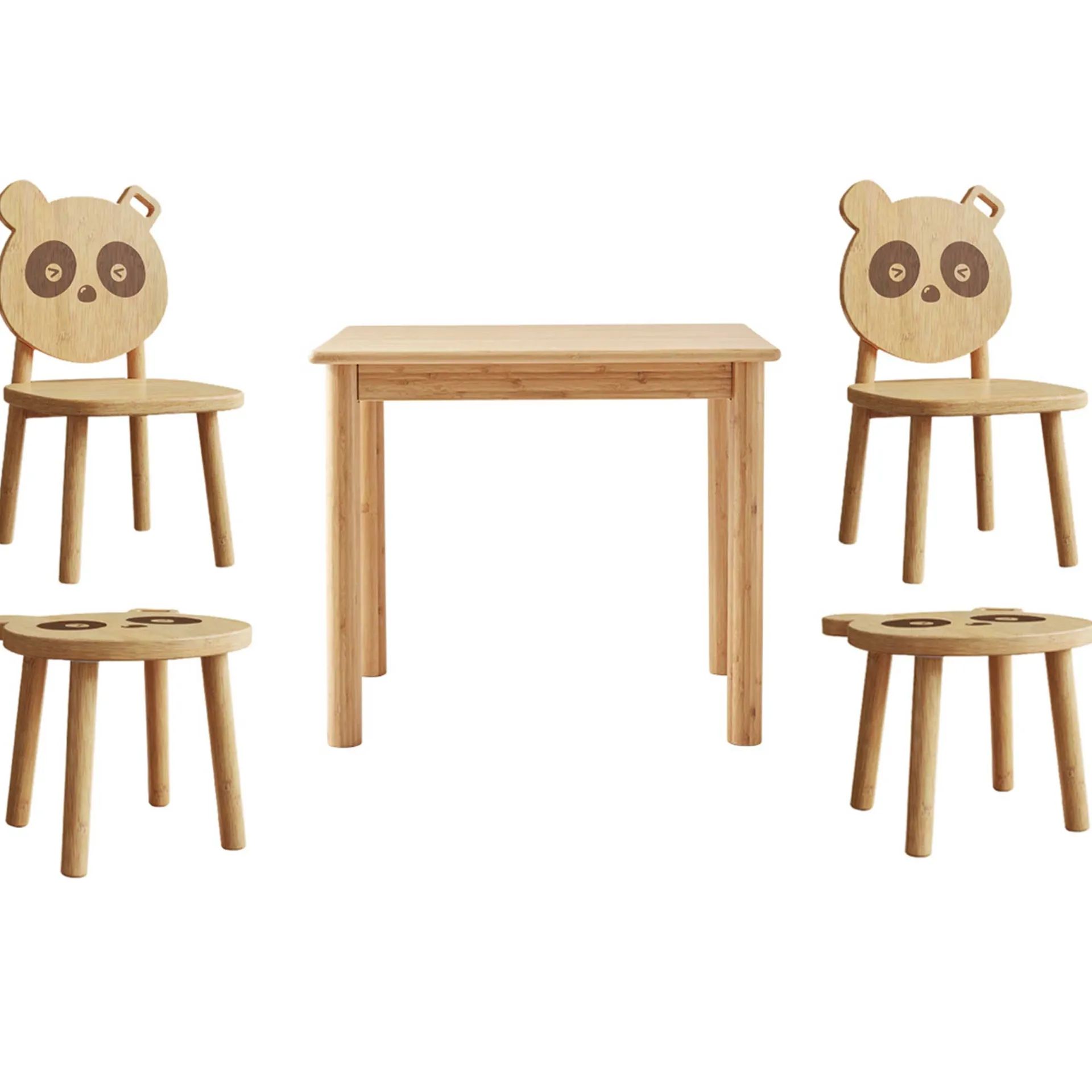 Kinder Emob Exclusive PandaKindertischset : Tisch, zwei Stühle, zwei Hocker - Bambusholz