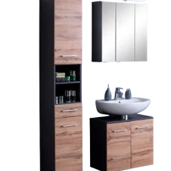 Held ParesBadezimmer : Säulenschrank, Spiegelschrank, Waschtischunterschrank - graphit/gelb