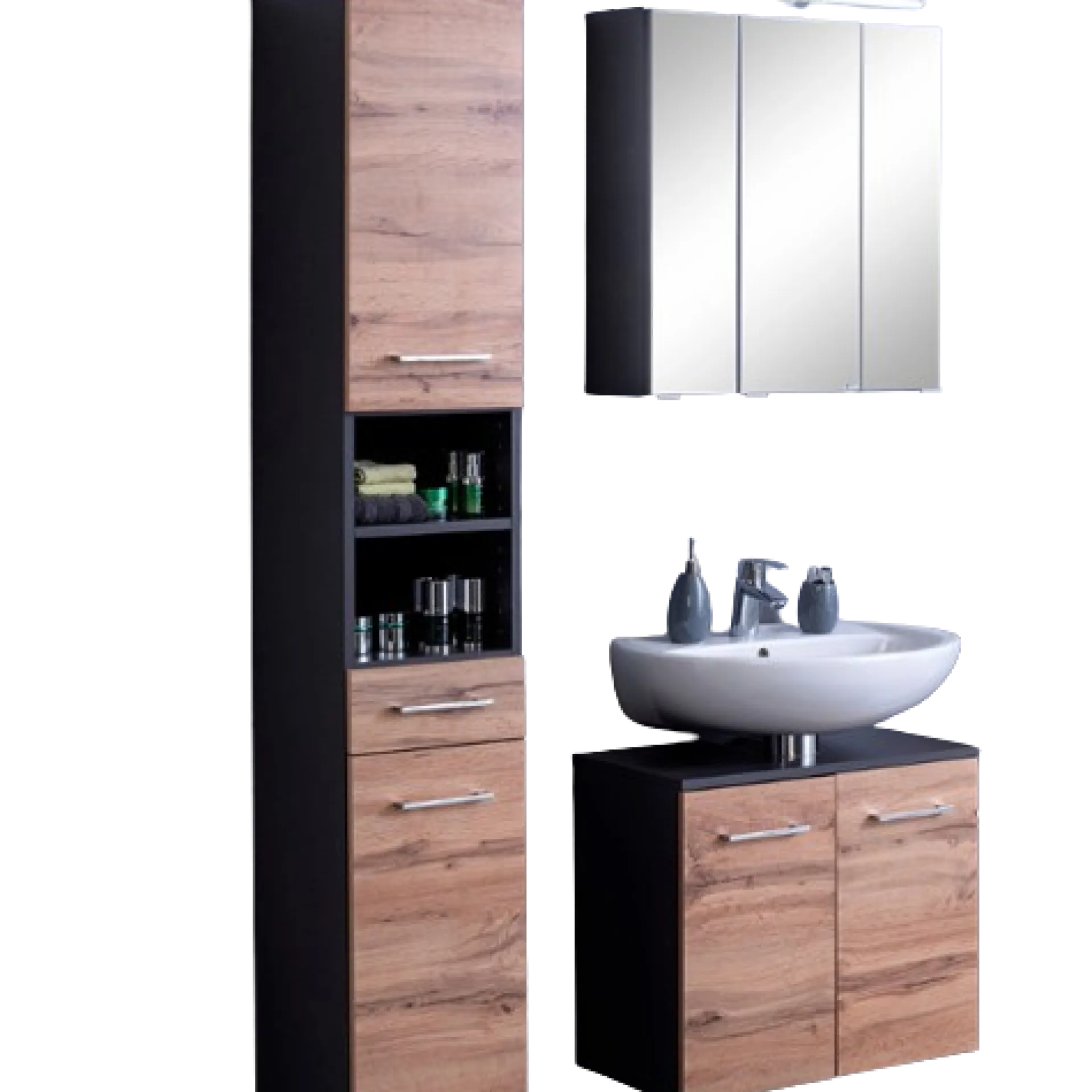 Held ParesBadezimmer : Säulenschrank, Spiegelschrank, Waschtischunterschrank - graphit/gelb