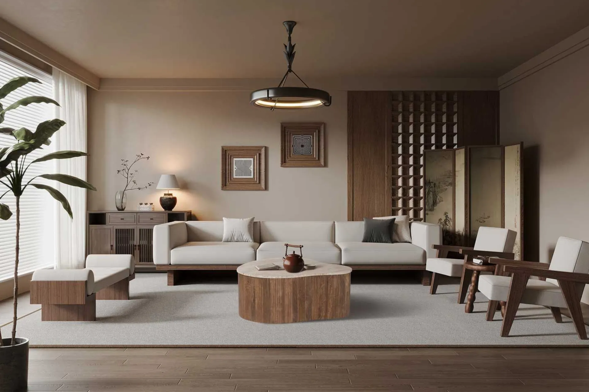 Rousseau Paul 83 cm Mangoholz Couchtisch mit Travertin