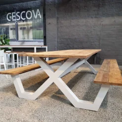 Gescova Picknicktisch Charles - 220x100 cm - Aluminium Weiß mit Teakholz