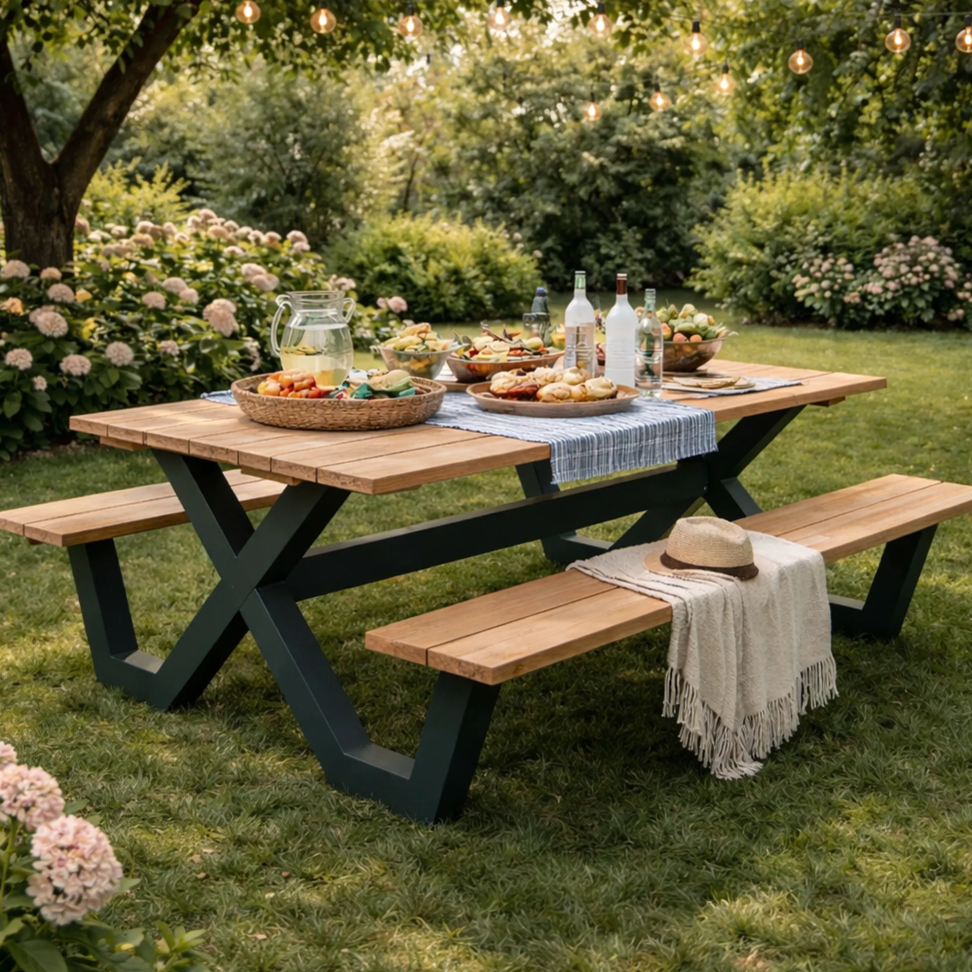 Gescova Picknicktisch Charles - Teakholz, Aluminium - 280x100x76 cm - Braun/Schwarz