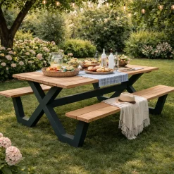 Gescova Picknicktisch Charles - Teakholz, Aluminium - 280x100x76 cm - Braun/Schwarz