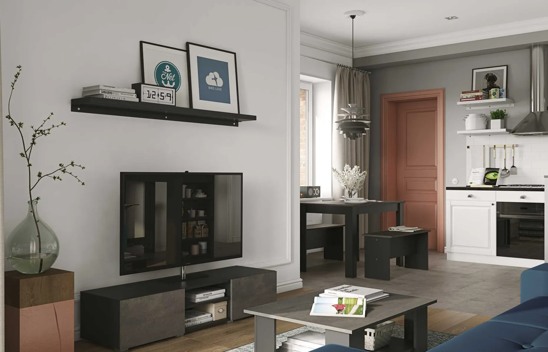 Podium TV-Möbel 140 cm - schwarz/Beton