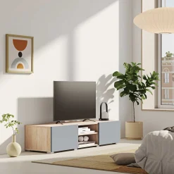 Polka TV-Schrank 140 cm 2 Flügeltüren, 2 offene Fächer - Eiche /Celadon grau